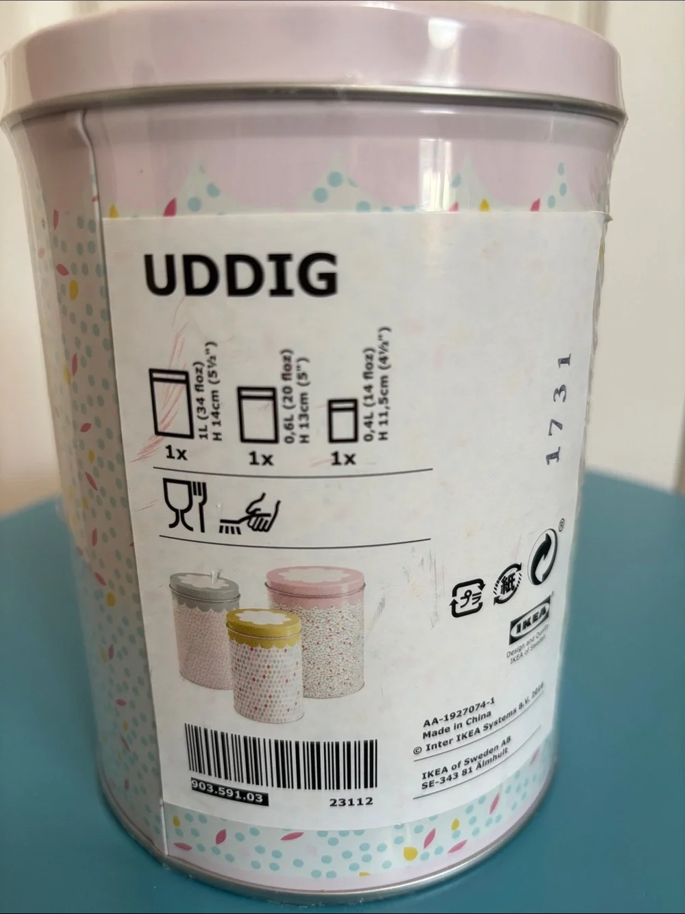 IKEA UDDIG Pastel Pink Confetti Tin Canister with Yellow Accent
